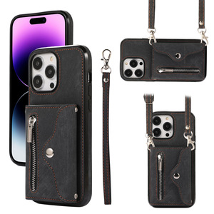 Étui de téléphone portefeuille en cuir de style professionnel de luxe avec poignet et longue bandoulière pour iPhone 15 14 <span class=keywords><strong>Pro</strong></span> Max étui de téléphone avec support - Product Image 5
