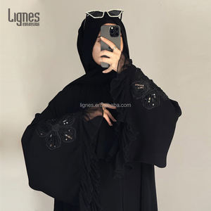 Abaya Negra Abierta con Turbante para Ramadán 2026, Abaya Musulmana <span class=keywords><strong>de</strong></span> Lujo <span class=keywords><strong>de</strong></span> Dubái, Abaya Negra con Cuentas para Mujer con Conjunto <span class=keywords><strong>de</strong></span> Hiyab - Product Image 1