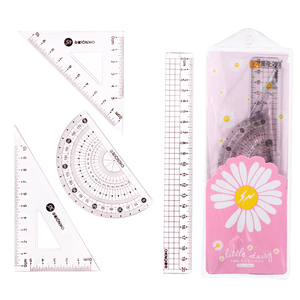 4 Pieces Math Geometry Tool Plastic Clear Ruler Protractor Triangle Ruler Set