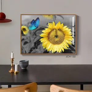 向日葵帆布墙艺术夏季蓝色蝴蝶画花卉花卉画黄色灰色艺术品客厅框架