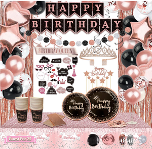 Rose Or Noir Joyeux Anniversaire Bannières Rideau Métal Ballon Arc Diadème Plats Tasses Nappe Gâteau Toppers <span class=keywords><strong>Photo</strong></span> Props Fournitures - Product Image 1