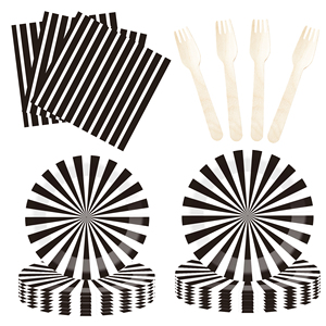 Ensemble de vaisselle rayée DAMAI noir et blanc pour fête, décoration de baby shower et d'anniversaire, assiettes en papier de 9 pouces, serviettes, couverts - Product Image 4