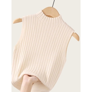 Top de punto acanalado sin mangas para mujer - Chaleco de cuello alto simulado Ropa de mujer a la moda - Product Image 1