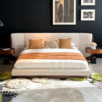 Lit de rangement HEM design minimaliste moderne avec tête de lit en tissu en forme de U, plateforme en tissu, cadre en bois massif, taille double, garantie 3 ans