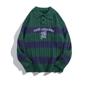 Suéter de punto de rayas multicolores <span class=keywords><strong>9gg</strong></span> de algodón 100% para hombre, suéter de cuello Polo bordado Jacquard personalizado para hombre - Product Image 2