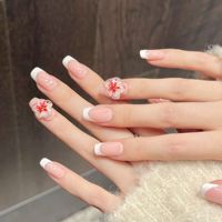 Vente en gros, Offre Spéciale : Faux ongles carrés 100% faits main en ABS, courts, à presser, pour femmes, avec motif floral 3D et French manucure, application sur les doigts