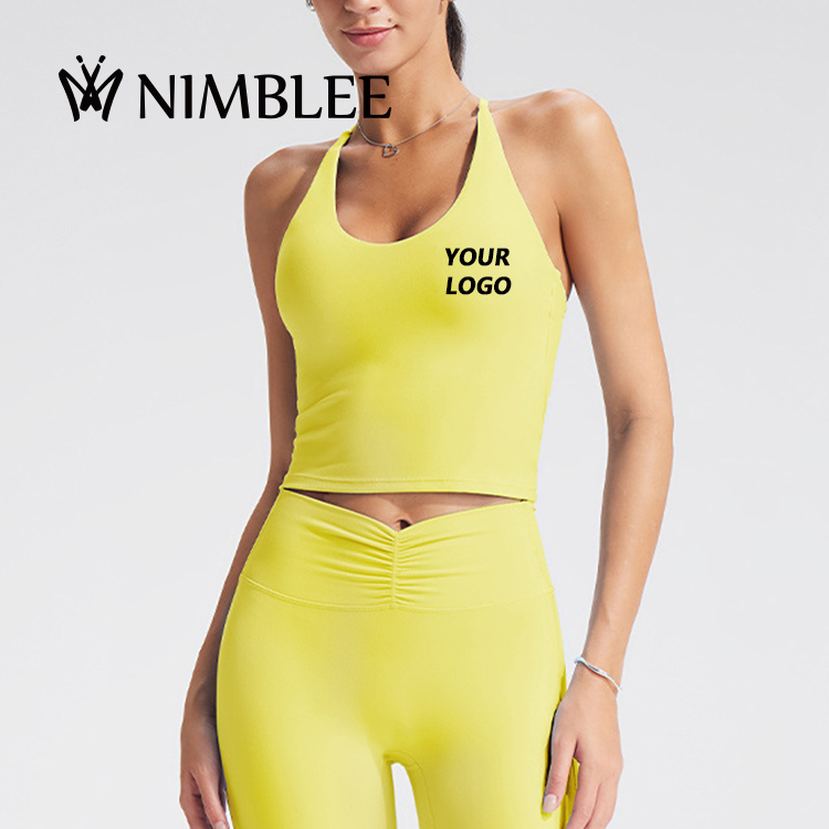 OEM Recycled Polyester Fabric Sport Wear Crisscross Tank Top for Women With Chest Pad Women Spaghetti Strap Yoga Bra Crop Top