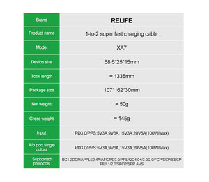 สายชาร์จเร็ว RELIFE <span class=keywords><strong>XA7</strong></span> 100w พร้อมหน้าจอดิจิตอล แสดงผลแบบ 1 ต่อ 2 สำหรับ iPhone Android อุปกรณ์ซ่อมและทดสอบการชาร์จ - Product Image 6
