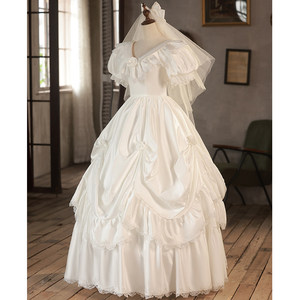 Robe de mariée florale légère, style antique français rétro, en <span class=keywords><strong>satin</strong></span>, coupe princesse, longueur ras du sol, manches bouffantes, col en V - Product Image 4