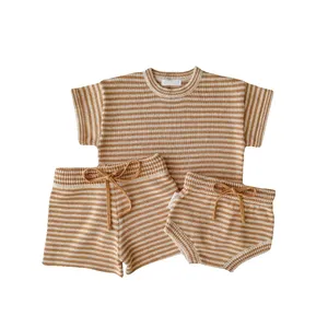 Summer Newborn Baby Boy Cotton Short Pullover Jumper Infant Knitted Sweater Pants Bloomers Kids Girl Stripe T Shirts Sweater Set