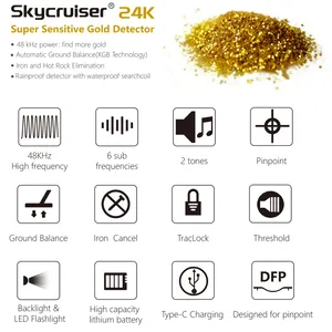 เครื่องตรวจจับโลหะ Skycruiser 24K Gold Professional แบบกันน้ำได้อย่างสมบูรณ์  วัสดุพลาสติก ระยะตรวจจับไกล 5 เมตร ความลึกตรวจจับ 1 เมตร รับประกัน 1 ปี ไม่มีส่วนประกอบที่เป็นอันตราย - Product Image 5