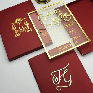 Luxury Transparent Acrylic <strong>Wedding</strong> Invitation <strong>Card</strong> <strong>Box</strong> With Burgundy Silk Tissue Decoration Inside - Product Image 1