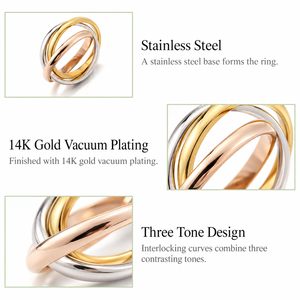 Anillo Entrecruzado de Acero Inoxidable con Baño de Oro de 14K y Diseño Tricolor - Product Image 3