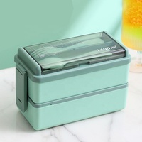 Boîte à lunch rectangulaire en plastique à double couche de style japonais, sans BPA, trois compartiments, compatible micro-ondes, hermétique, anti-fuite