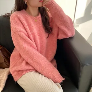 alpaca hair fabric long sleeve knit pullovers sweater pink color knitted sweater custom wool crewneck women's sweaters 1 buyer