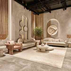 Intérieur <span class=keywords><strong>de</strong></span> <span class=keywords><strong>salon</strong></span> <span class=keywords><strong>de</strong></span> bien-être <span class=keywords><strong>de</strong></span> luxe, espace beauté moderne Wabi-Sabi avec comptoir incurvé, sièges en velours, éclairage d'ambiance, design clé en main - Product Image 4