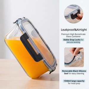 5 件装玻璃餐食容器 1040 毫升高硼硅玻璃食品储存容器，带黑色 PP 盖子，密封午餐盒 - Product Image 3