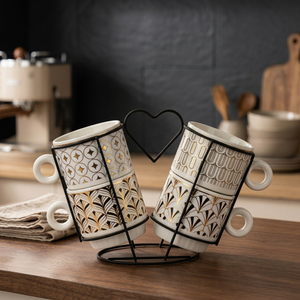 Ensemble de 4 tasses à café en céramique décorative avec glaçure dorée glamour, support en métal en forme de cœur de 3 mm d'épaisseur, luxe - Product Image 1