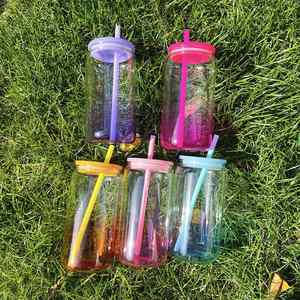 Bpa Free Ombre Jelly Colored 16 Oz Can Shaped <b>Cups</b> Cool Drinking <b>Plastic</b> Glasses With Colorful Pp Lids for Uv Dtf Wraps - Product Image 4