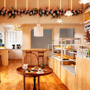 Airy Wood-Toned Coffee & Bakery Featuring Glass Displays, Tiered Dessert Racks, Integrated Lighting, and Simple Pendant Lamps - Product Image 4