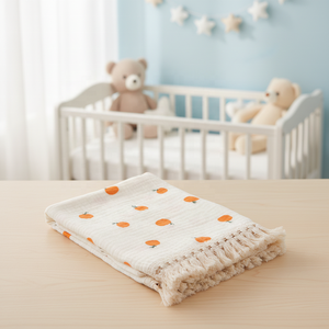 ผ้าห่มเด็กทารกคุณภาพสูง ผ้าก๊อซพิมพ์ลายผลไม้ พร้อมพู่ห้อย ผ้าห่อตัวเด็กอ่อน ผ้าคลุมเด็ก ผ้าห่มรถเข็นเด็กแบบมุสลิม - Product Image 1