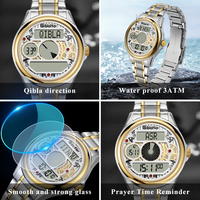 Montre-bracelet de luxe numérique en acier inoxydable pour la prière musulmane avec boussole Qibla et fonctions islamiques, vente en gros d'usine