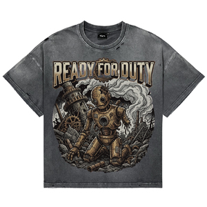 T-shirts vintage délavés style streetwear pour hommes, respirants, imprimé robot steampunk, 100% coton, coupe oversize, pour la vente en gros - Product Image 1