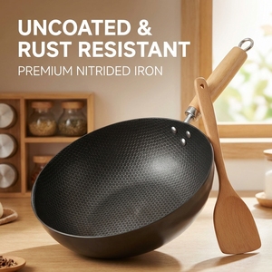 <span class=keywords><strong>Wok</strong></span> FLEY de Hierro Fundido sin Recubrimiento, Antiadherente, de Boca Ancha, con Mango de Madera y Tapa de Vidrio, Compatible con Estufas de Gas e Inducción - Product Image 5