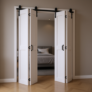 Porte de grange pliante en MDF 48 x 84 pouces, blanche, design à cadre en H, pré-assemblée, pour chambre, salon, séparateur de placard, avec quincaillerie - Product Image 3