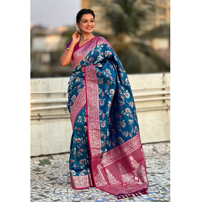 Delight In Pink Banarasi Sari de seda suave con hermoso contraste Jaal y exquisito tejido Zari Ideal para bodas Festivales - Product Image 6
