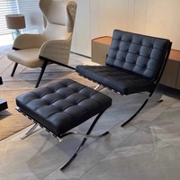 Fauteuil Barcelona, fauteuil de loisirs individuel, style nordique simple, pour hôtel, salon, chambre modèle, en cuir et tissu, design de créateur, avec accoudoirs en métal
