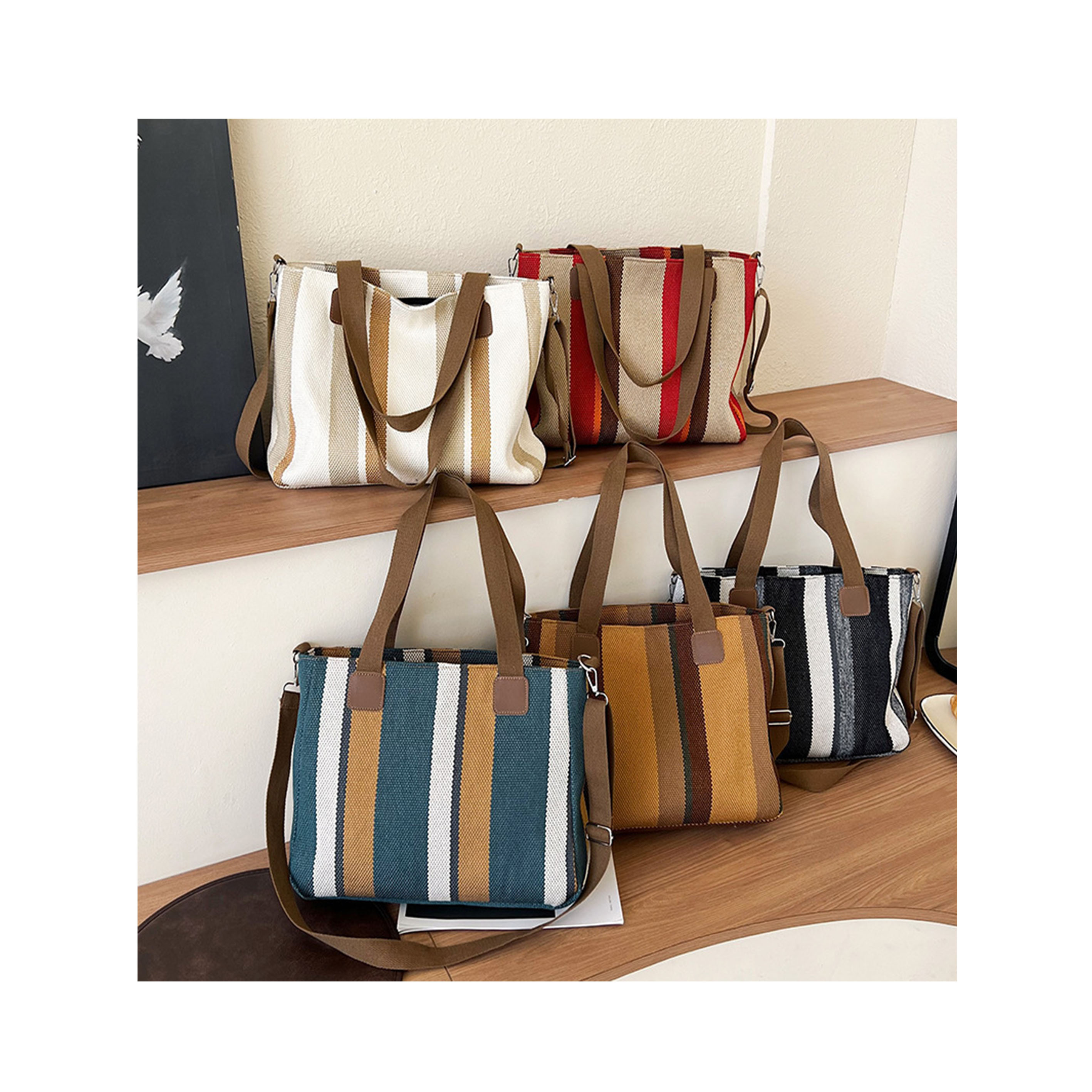 Thời trang mới sọc vải cầm tay Tote Túi của phụ nữ vai Crossbody Túi