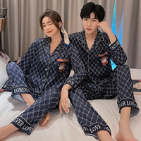 Pyjamas de couple style coréen à manches longues en soie glacée, printemps-automne, grande taille homme, motif vache de dessin animé fin pour femme 1081