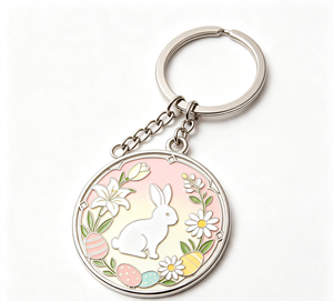 Porte-clés personnalisé en métal Lapin de Pâques, anneau émaillé rond, pendentif floral vintage, cadeau - Product Image 1