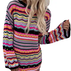 맞춤형 패션 까마귀 풀오버 니트웨어 크루넥 레인보우 스트라이프 여성용 크로 셰 뜨개질 스웨터 원피스
