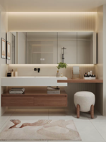 Ensemble de meubles de salle de bain moderne rétro style bois avec lavabo en dalle de pierre, coiffeuse et armoire de toilette résistante à l'eau avec éclairage LED