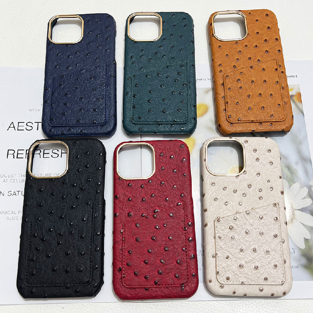 Luxury Animal Ostrich Pattern Soft Leather Case for Iphone 14 11 12 13 Pro Max 7 8 Plus Xr X Se 2 with Metal Camera Protector