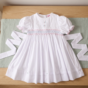 Lovely Little Girls' Casual Smocked Dress Pintuck Floral Geometric Design 100% Cotton OEKO-<b>TEX</b> White - LD410 - Product Image 4
