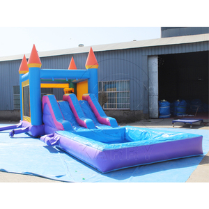 Toboggan <span class=keywords><strong>aquatique</strong></span> gonflable triple piste style château bleu et violet avec piscine, combo <span class=keywords><strong>aquatique</strong></span> commercial à thème princesse pour l'été - Product Image 1