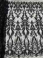Tissu en maille lourde brodée de perles, motif floral baroque, de luxe, avec sequins, pour la couture et les tenues de soirée