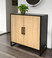 Mueble Moderno de Madera con Marco de Metal Negro, 2 Puertas, Ecológico, Gran Capacidad, Mueble para el Hogar, Entrada, Sala de Estar, Comedor, Dormitorio