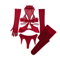 2026 INS Lingerie sexy de haute qualité, ensemble rouge en résille transparente avec soutien-gorge à armatures, porte-jarretelles, bas et gants, vente en gros, OEM, marque privée