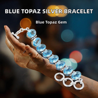 Pulsera Cristiana de Topacio Azul, Chapada en Rodio, Plata de Ley 925, Corte Ovalado, Engaste en Bisel, Eslabones Ajustables, Hecha a Mano, Soporte para Muñeca