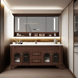 Luxury cosmetic retro bathroom cabinet dark brown with LED <b>mirror</b> and ceramic basin <b>for</b> hotel - Product Image 3