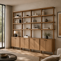 Meuble mural en chêne sur mesure avec étagères ouvertes, armoires de rangement et bibliothèque intégrée – Système de menuiserie résidentielle
