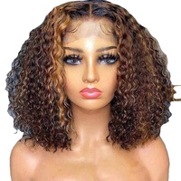 Perruques Courtes Bob Bouclées Ondulées avec Dentelle Frontale, Cheveux Remy Brun Clair, Couleur Mèches, Coupe Droite, pour Femmes Noires - Vente en Gros