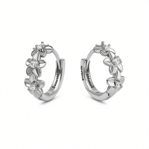 Orecchini a Cerchio Ecuraide con Fiore in Argento 925, Diamanti Taglio Brillante Rotondo, Montatura a Griffe, Classici da Donna per Uso Quotidiano - Product Image 1