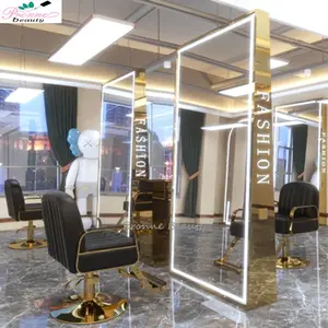 Floor LED light luxury gold double side mirror cabinet hair salon mirror and chair sets mirror station