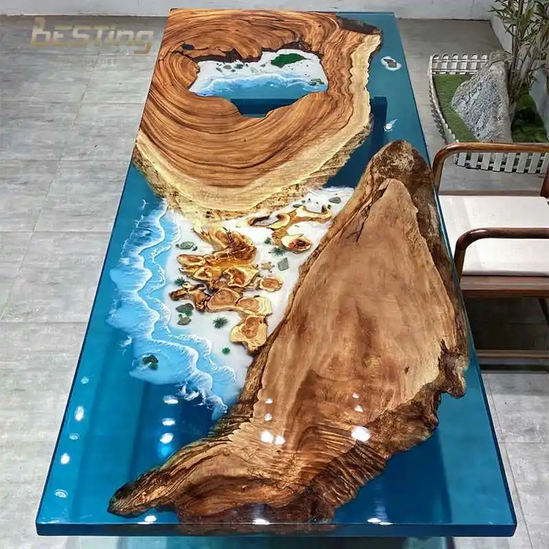 Modern luxury custom solid wood with river epoxy resin top square/round dining table