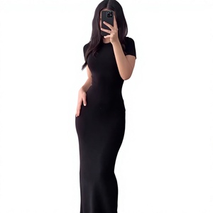 Abito Lungo Estivo Elegante e Sexy Stile Europeo-Americano a Vita Alta, Vestibilità Slim, Girocollo, <span class=keywords><strong>Maniche</strong></span> Corte, Tinta Unita, Gonna Aderente sui Fianchi - Product Image 1